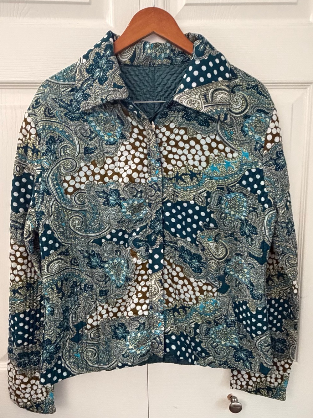 Handmade Reversible Teal Crinkle Paisley Polka Dot Artsy Boho Jacket Large